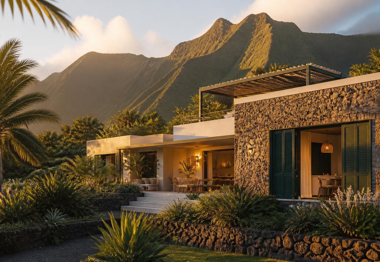Villa contemporaine à La Réunion au coucher du soleil, entourée de végétation tropicale